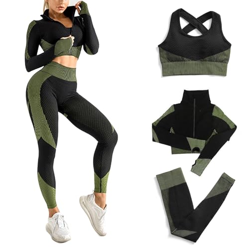 Women's 3 PC Seamless Gym Clothing Workout Outfit with Jacket Bra & Leggings Set