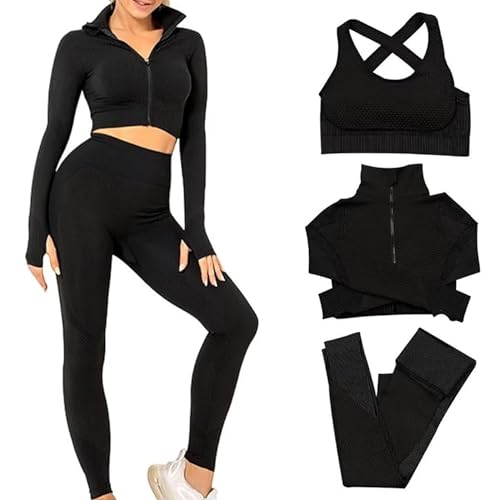 Women's 3 PC Seamless Gym Clothing Workout Outfit with Jacket Bra & Leggings Set