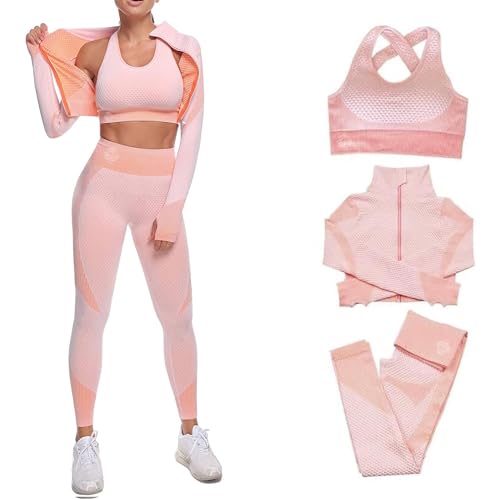 Women's 3 PC Seamless Gym Clothing Workout Outfit with Jacket Bra & Leggings Set