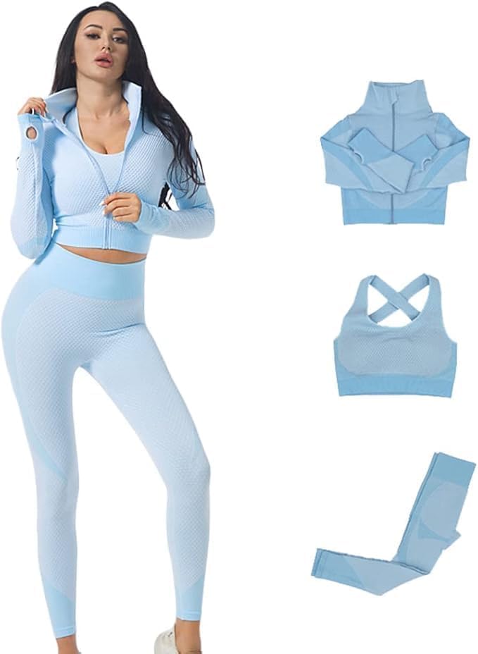 Women's 3 PC Seamless Gym Clothing Workout Outfit with Jacket Bra & Leggings Set