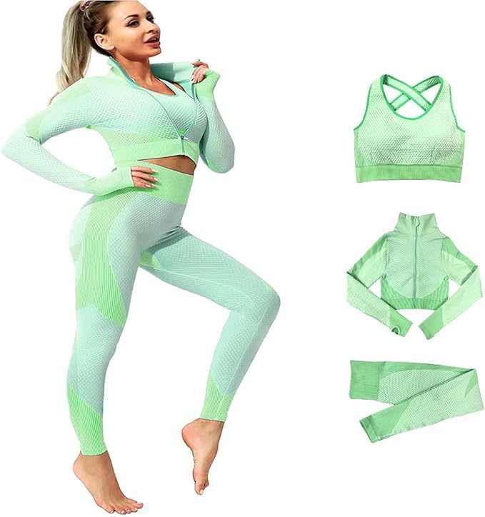 Women's 3 PC Seamless Gym Clothing Workout Outfit with Jacket Bra & Leggings Set