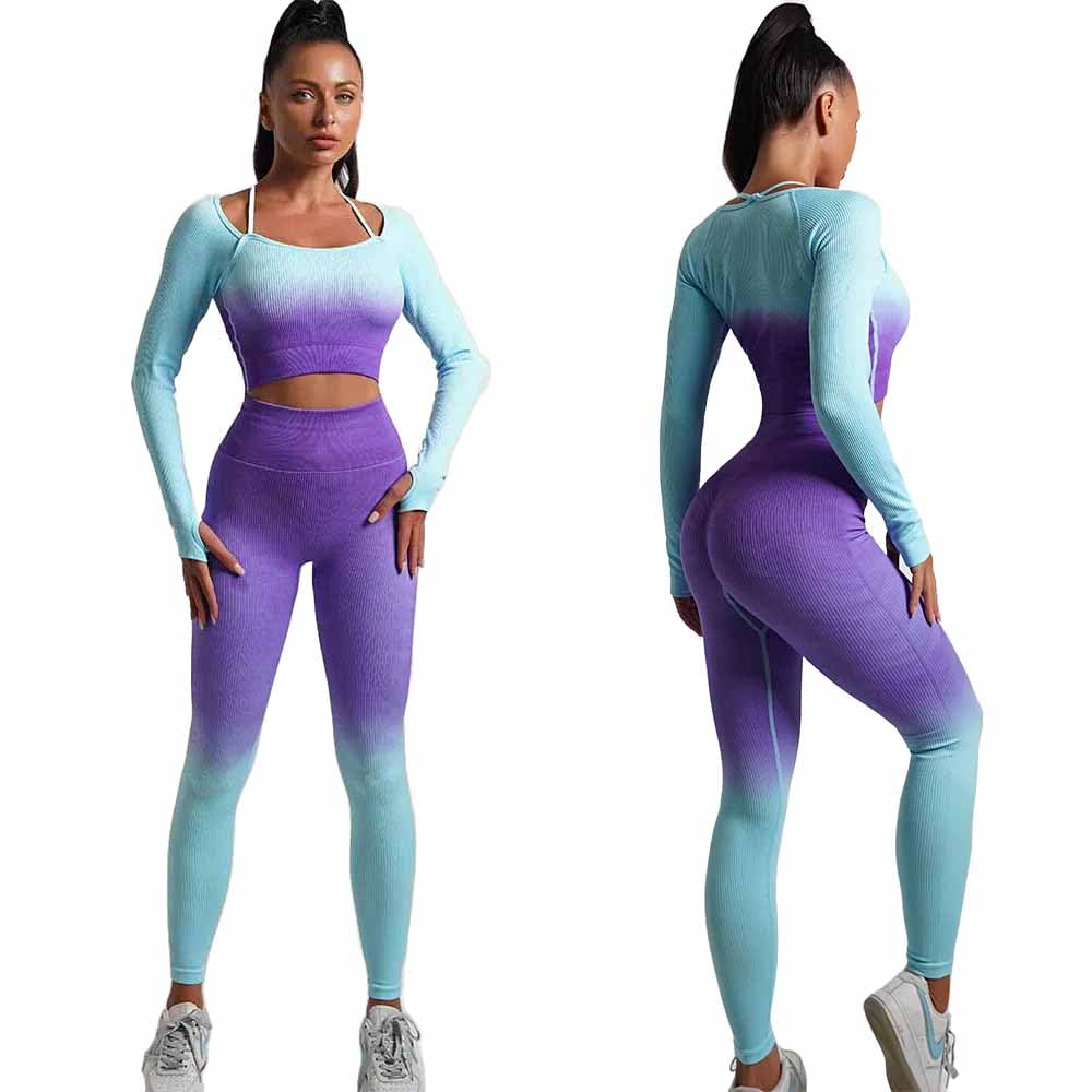 Women's Fitness Gym Outfit Yoga Crop Top & High Waisted Leggings Ombre 2 Pc Set