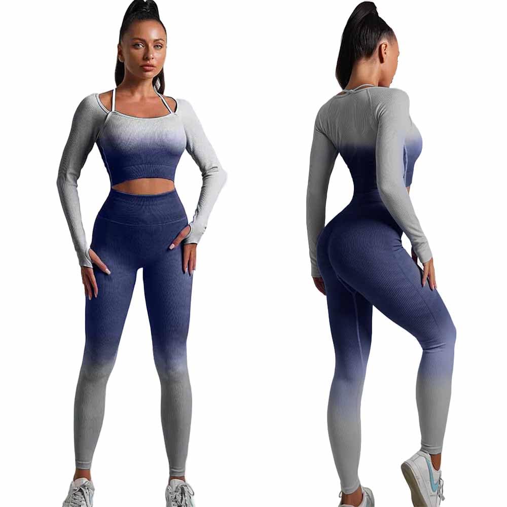 Women's Fitness Gym Outfit Yoga Crop Top & High Waisted Leggings Ombre 2 Pc Set