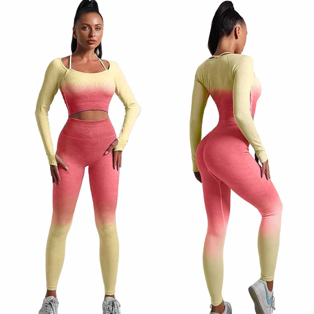 Women's Fitness Gym Outfit Yoga Crop Top & High Waisted Leggings Ombre 2 Pc Set