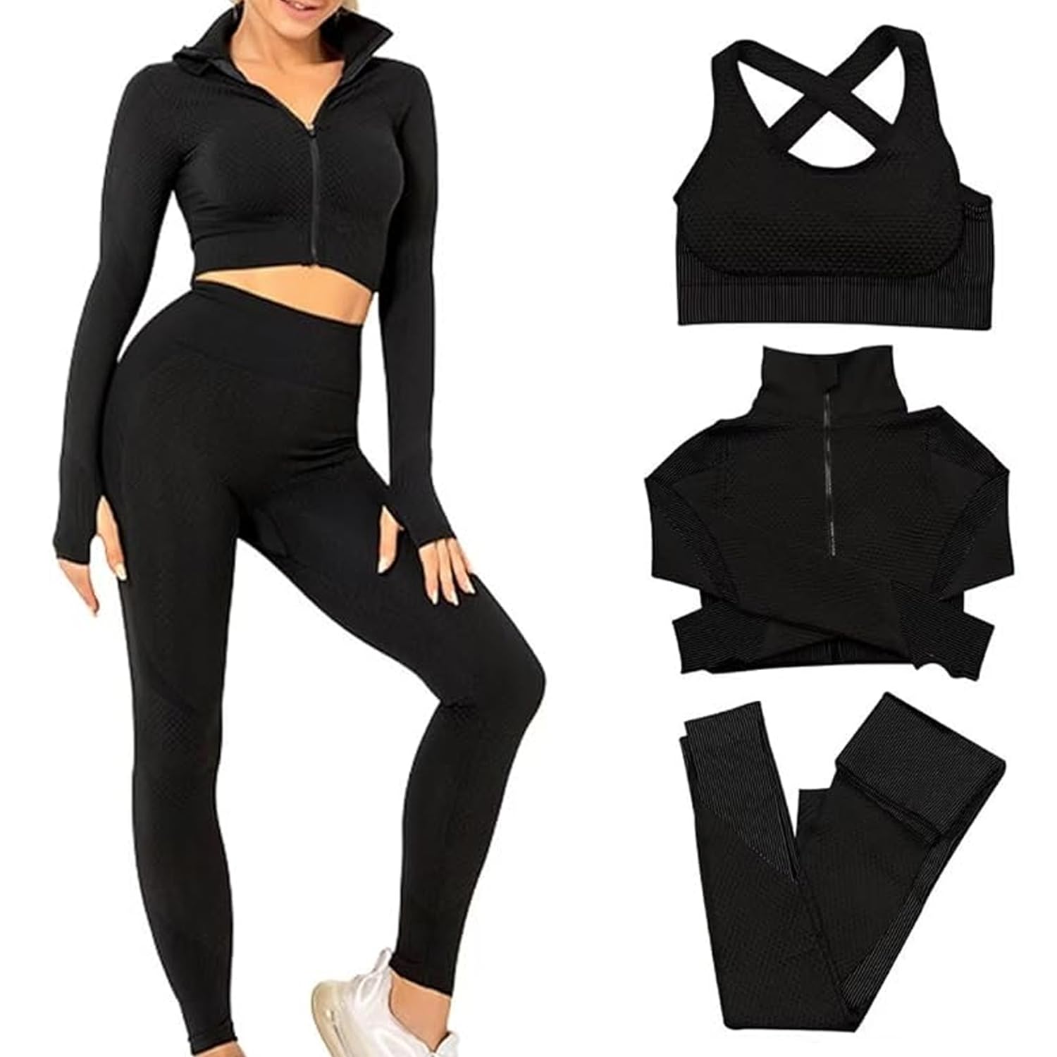 Women's 3 PC Seamless Gym Clothing Workout Outfit with Jacket Bra & Leggings Set