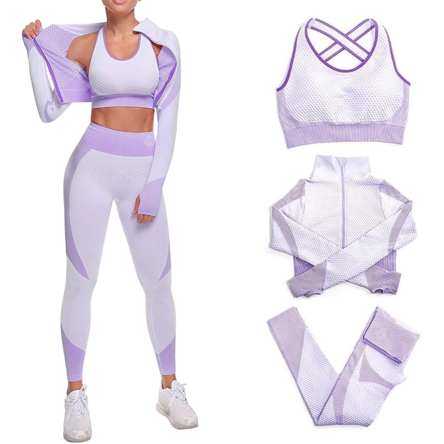 Women's 3 PC Seamless Gym Clothing Workout Outfit with Jacket Bra & Leggings Set