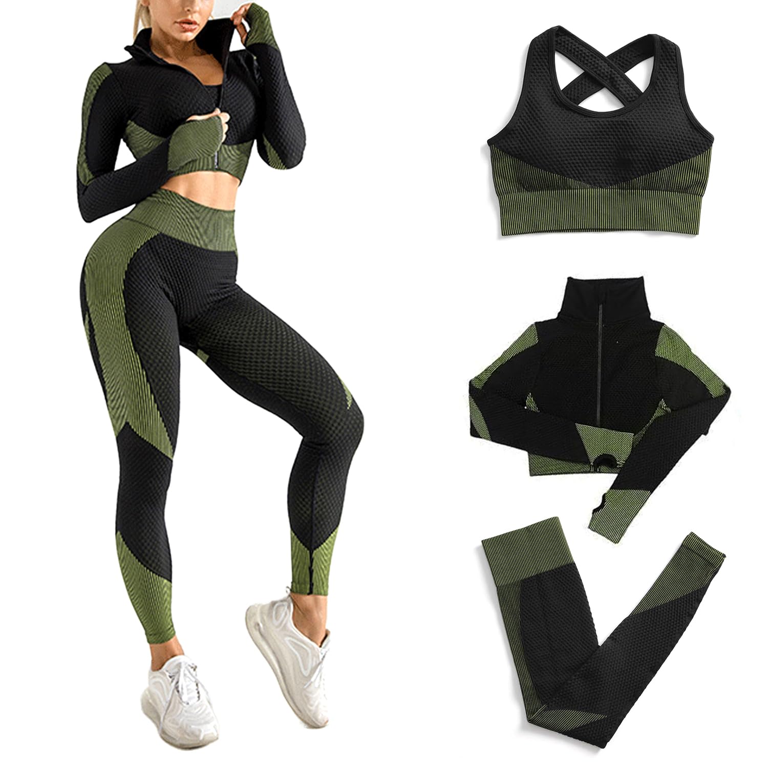 Women's 3 PC Seamless Gym Clothing Workout Outfit with Jacket Bra & Leggings Set