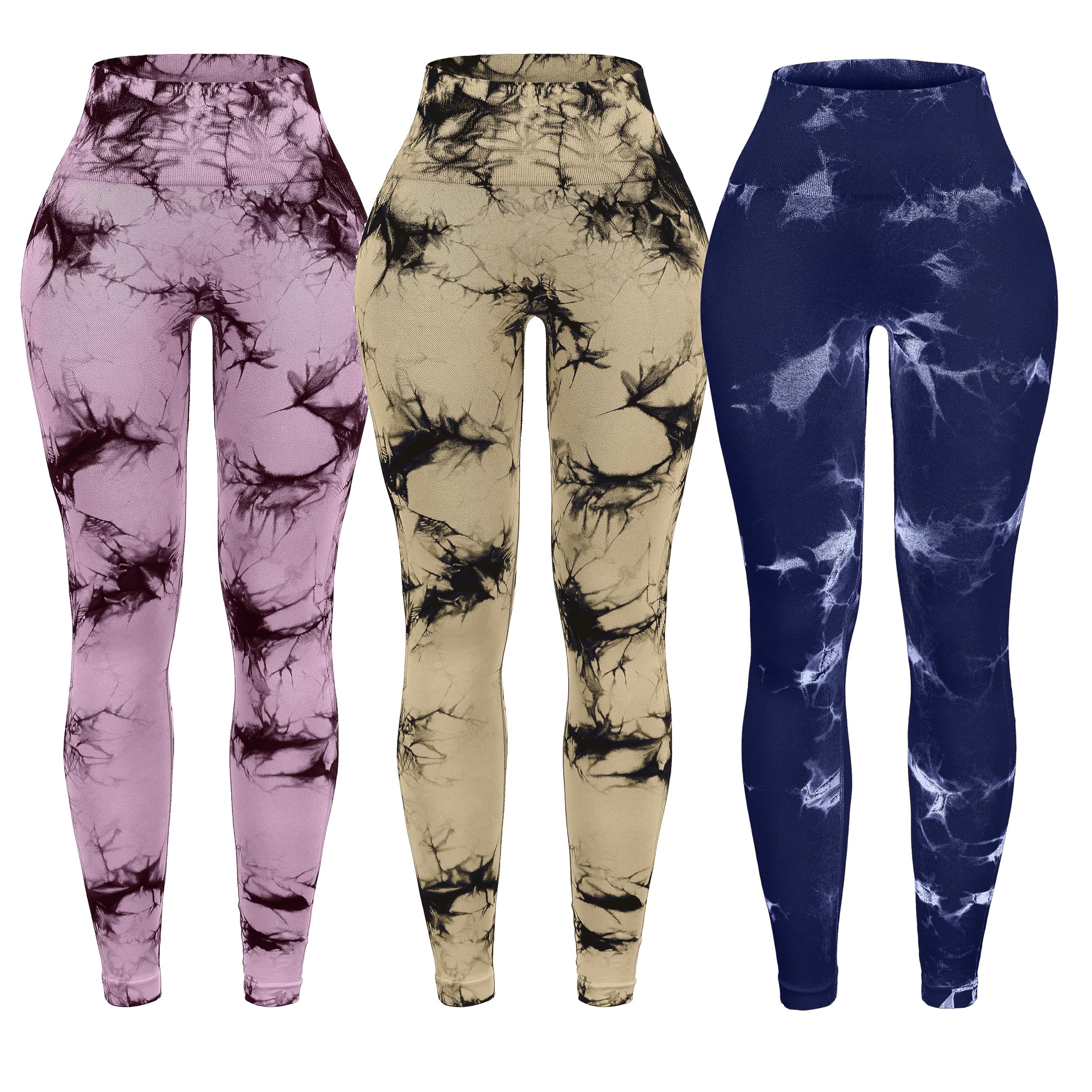 OVESPORT 3 Pack Tie Dye Seamless High Waisted Workout Leggings for Women Scrunch Butt Lifting Yoga Gym Athletic Pants