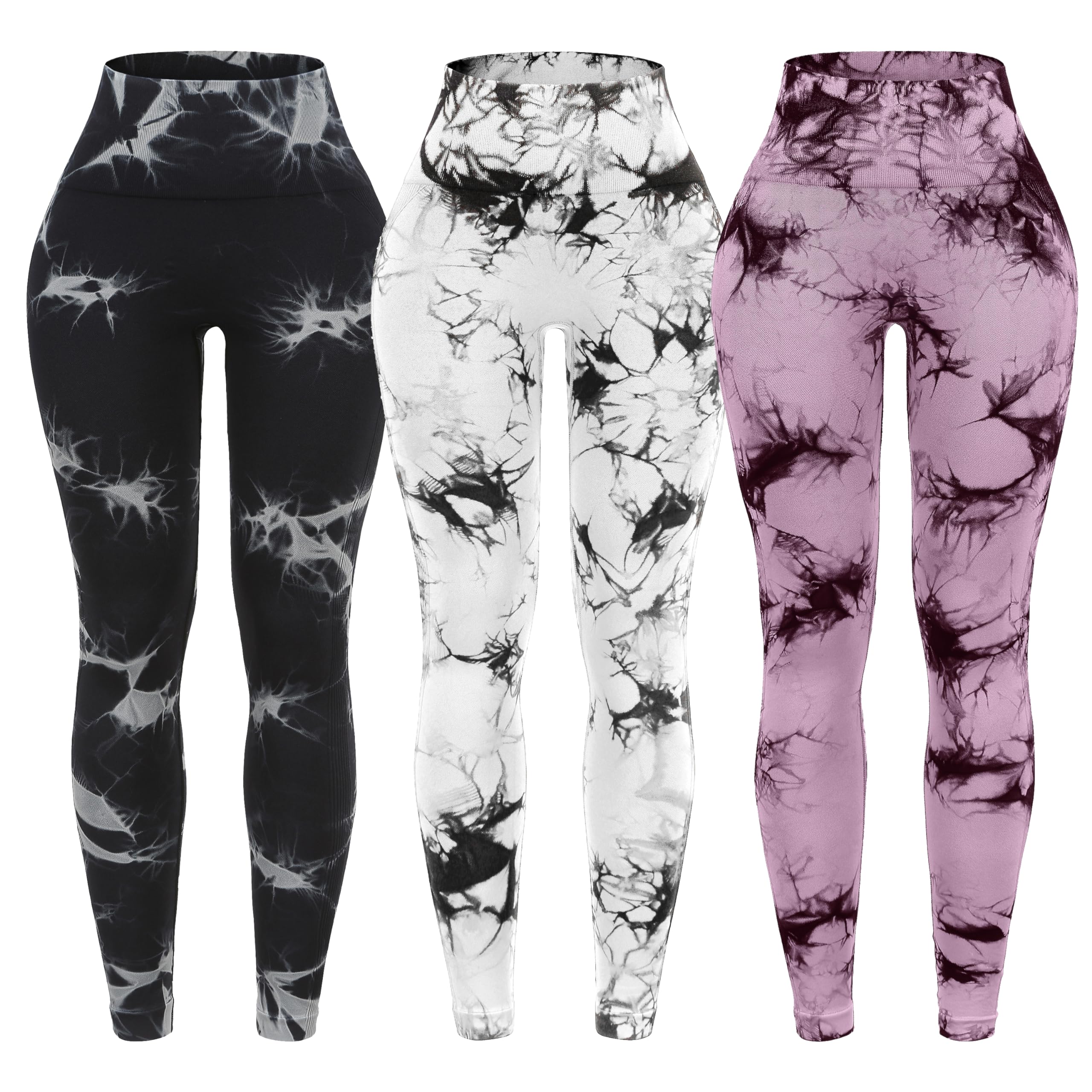 OVESPORT 3 Pack Tie Dye Seamless High Waisted Workout Leggings for Women Scrunch Butt Lifting Yoga Gym Athletic Pants